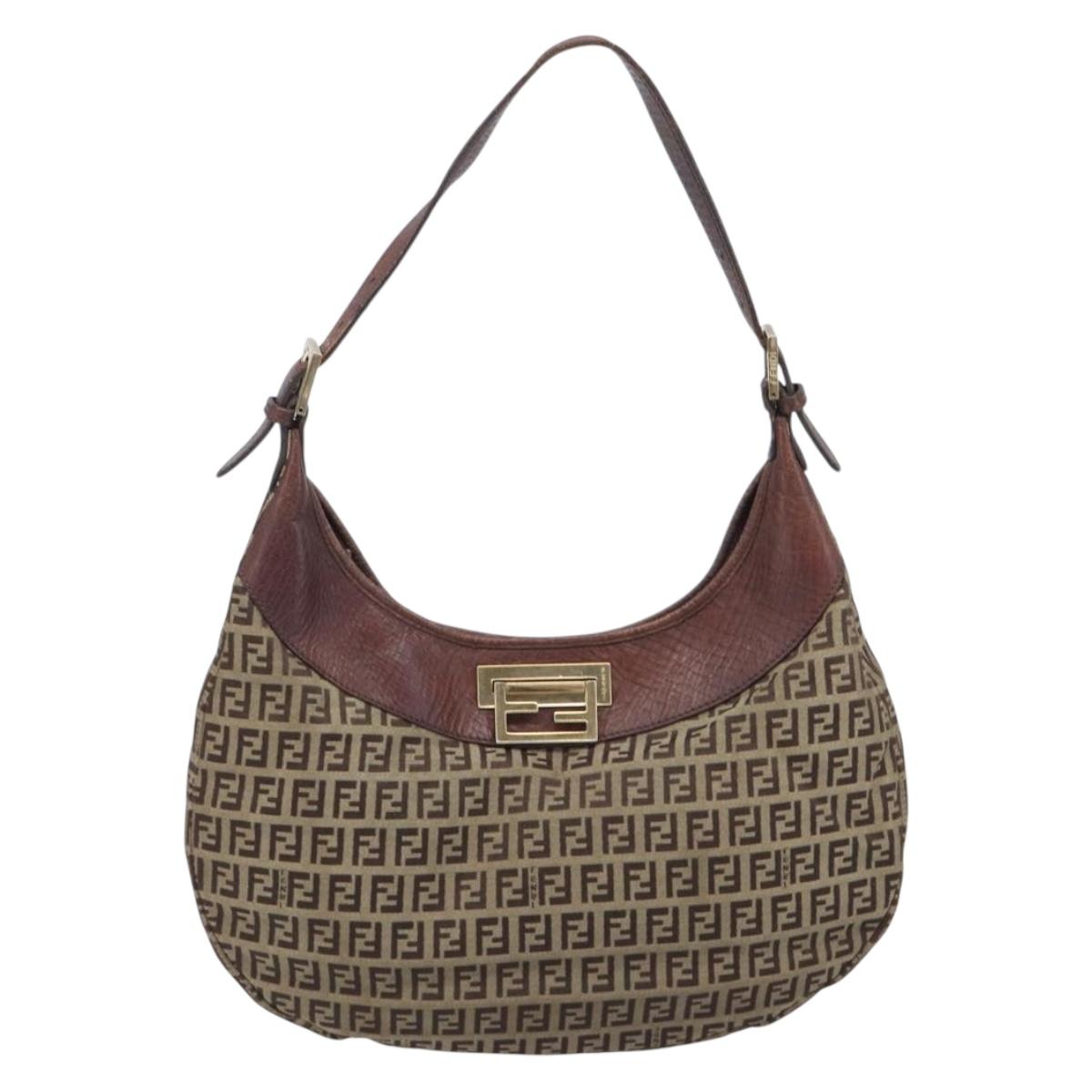 FENDI Zucchino Canvas Shoulder Bag Beige Gold 8BR552 Auth ka6934A