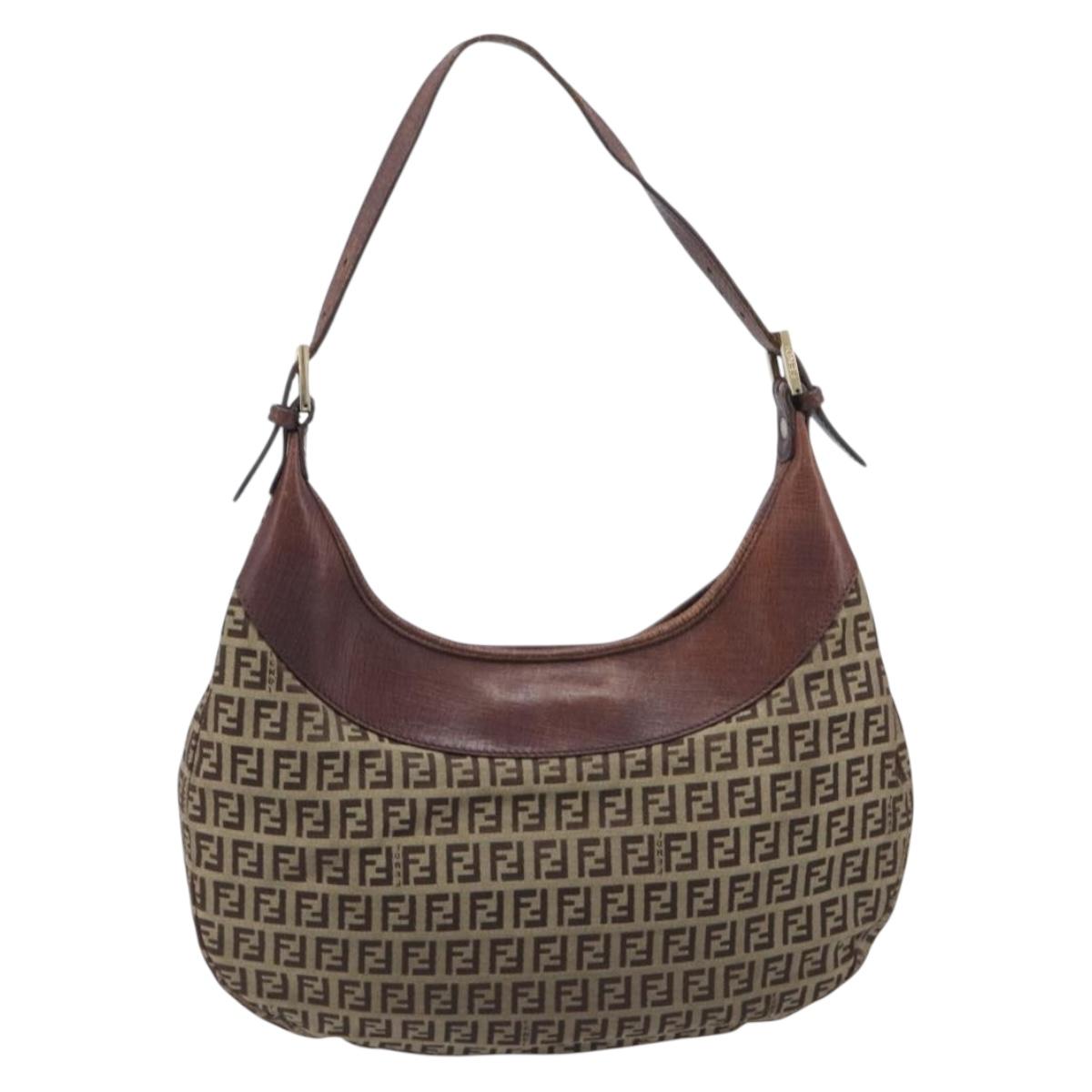 FENDI Zucchino Canvas Shoulder Bag Beige Gold 8BR552 Auth ka6934A