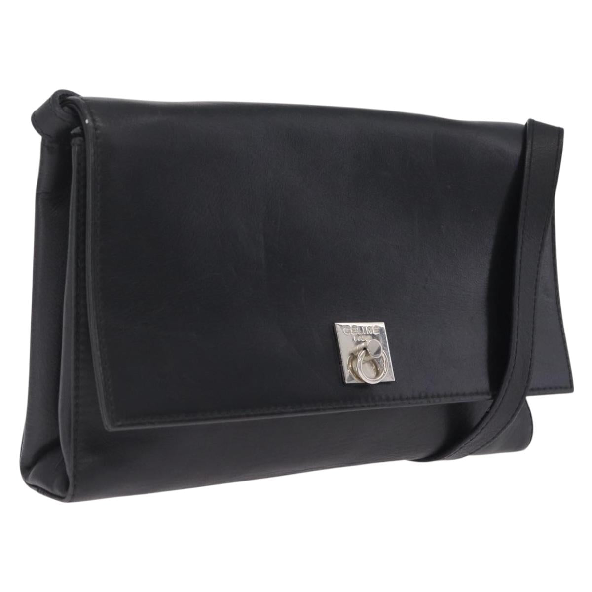 CELINE Shoulder Bag Leather Black Silver Auth ka6958