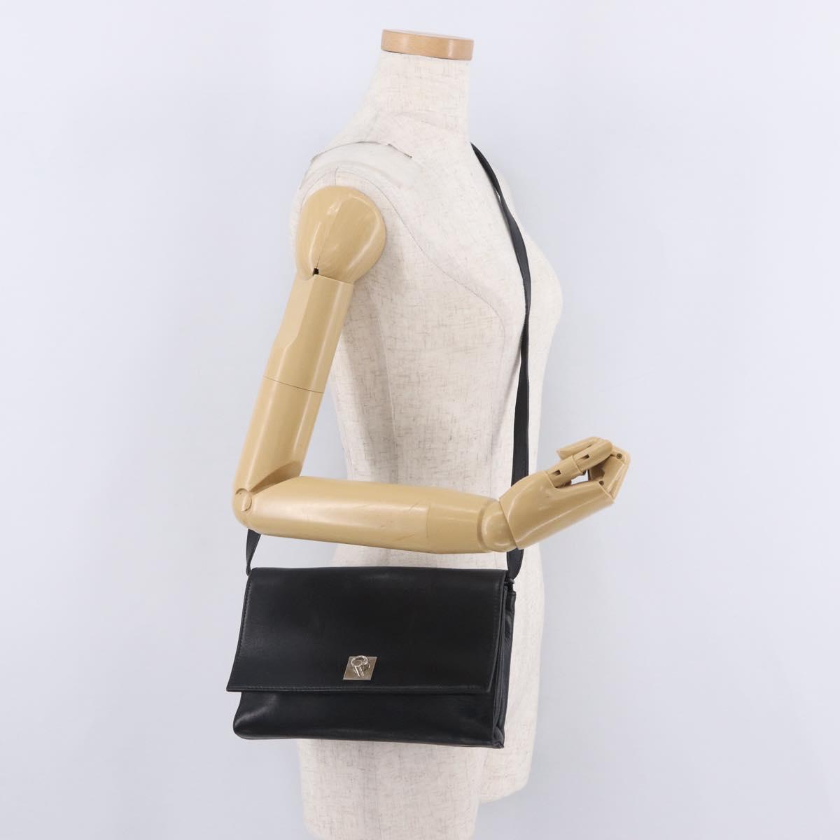 CELINE Shoulder Bag Leather Black Silver Auth ka6958