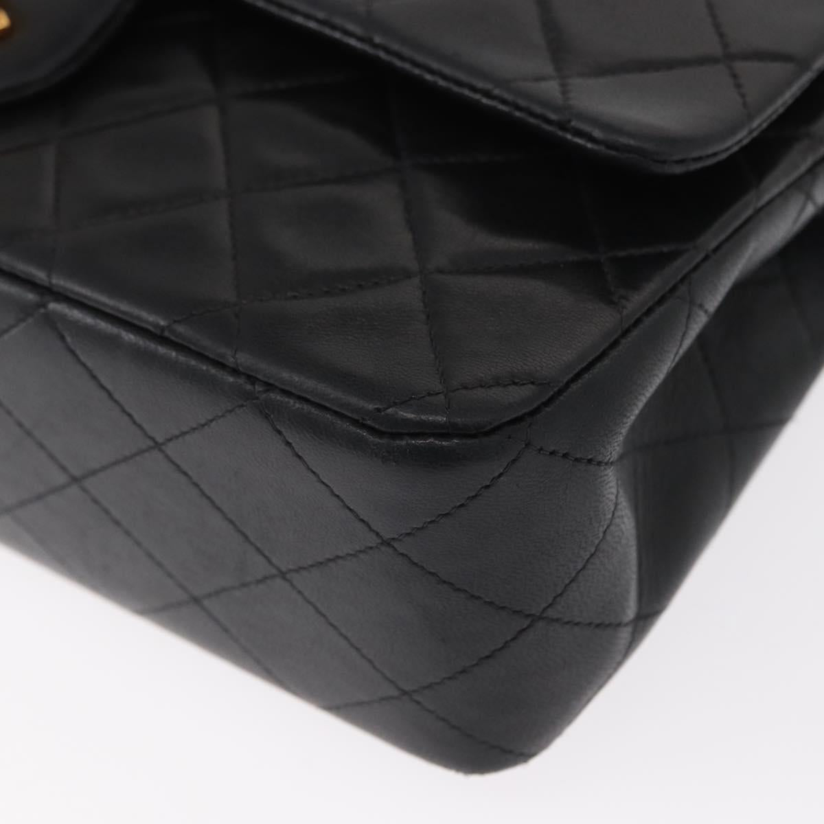 CHANEL Matelasse 25 Double Flap Chain Bag Lamb Skin Black Gold CC Auth ka695SV