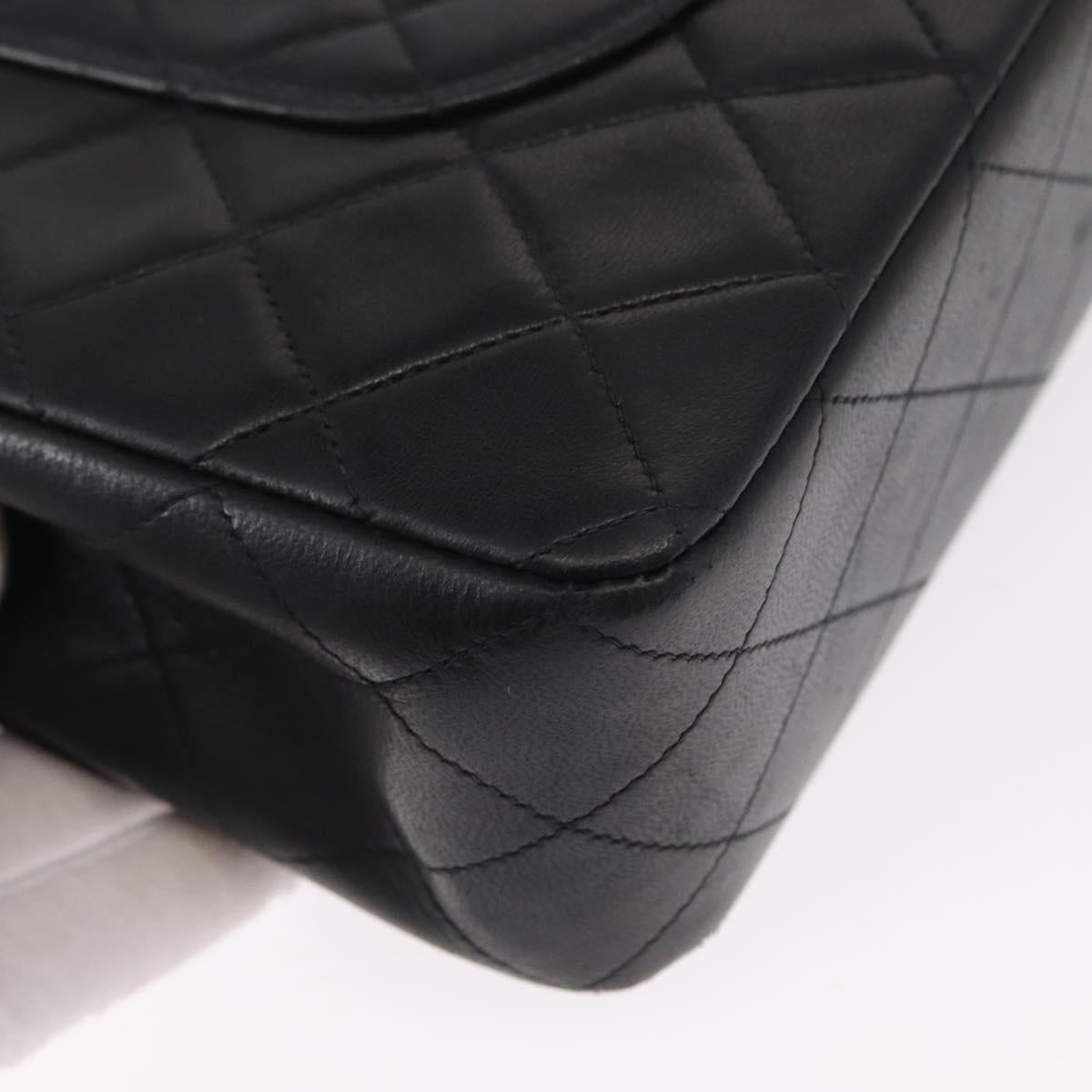 CHANEL Matelasse 25 Double Flap Chain Bag Lamb Skin Black Gold CC Auth ka695SV