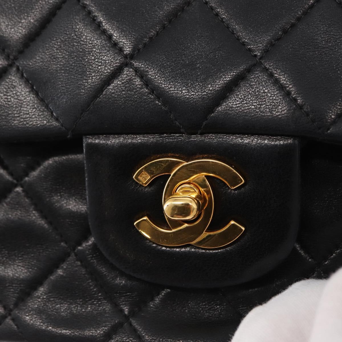 CHANEL Matelasse 25 Double Flap Chain Bag Lamb Skin Black Gold CC Auth ka695SV