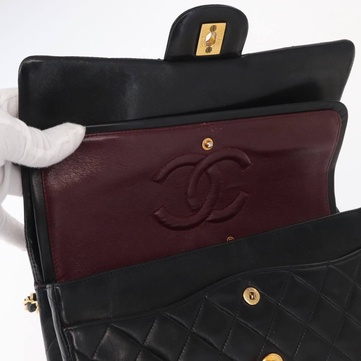 CHANEL Matelasse 25 Double Flap Chain Bag Lamb Skin Black Gold CC Auth ka695SV