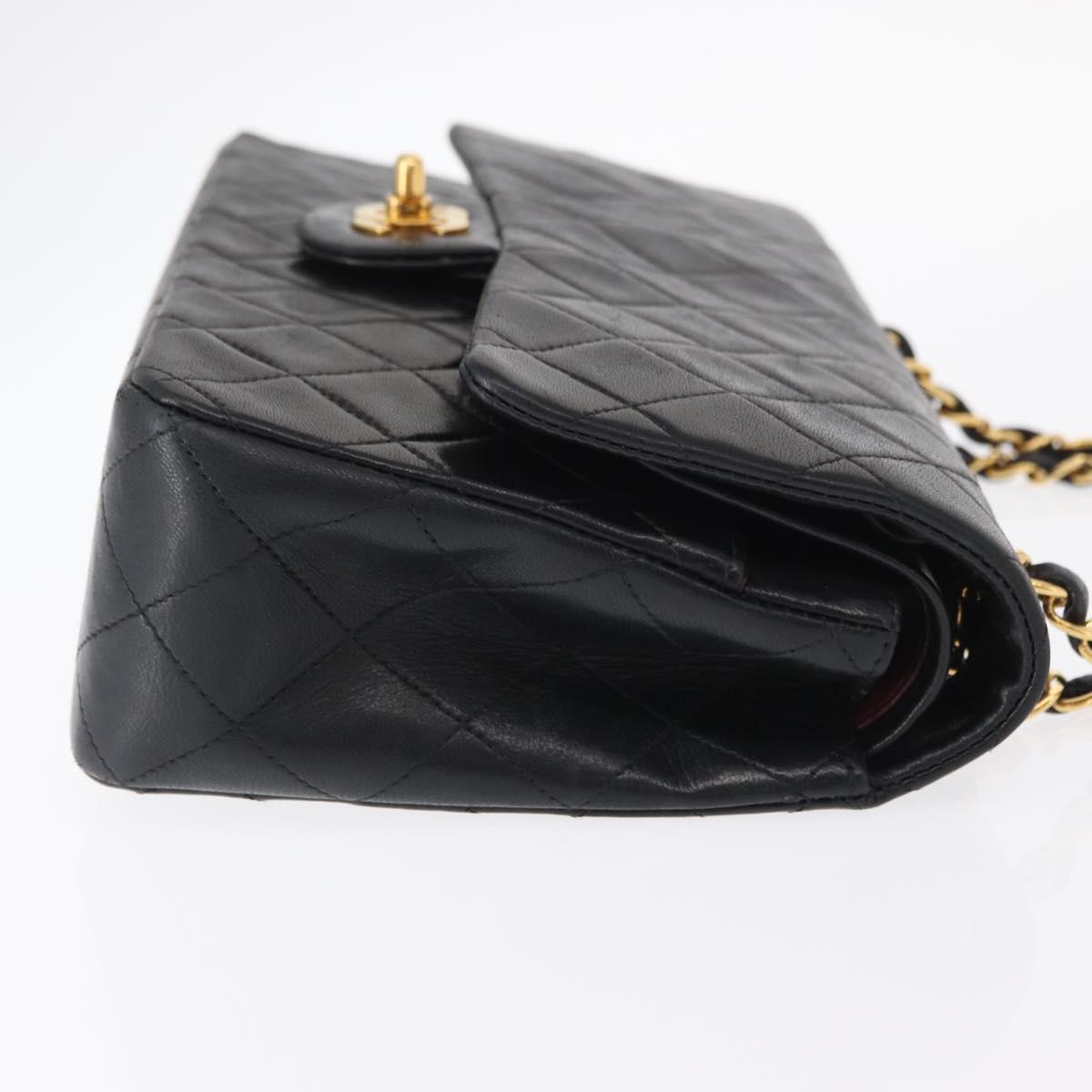CHANEL Matelasse 25 Double Flap Chain Bag Lamb Skin Black Gold CC Auth ka695SV