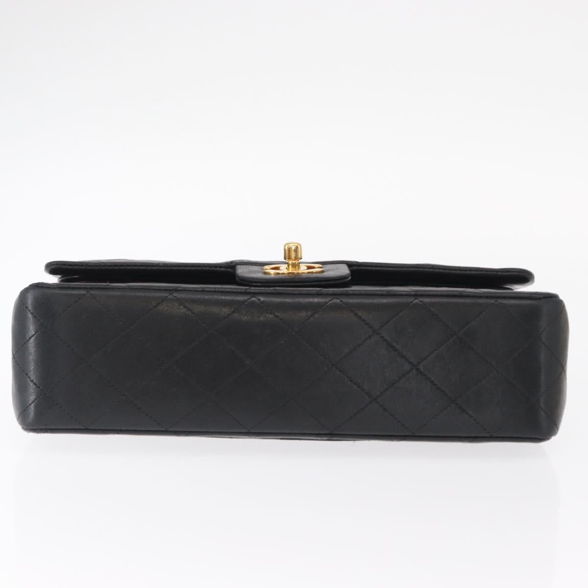 CHANEL Matelasse 25 Double Flap Chain Bag Lamb Skin Black Gold CC Auth ka695SV