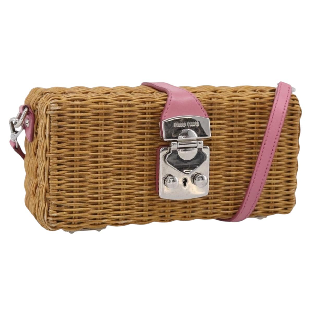 Miu Miu Straw Bag Shoulder Bag Raffia Brown Silver Auth ka6963V