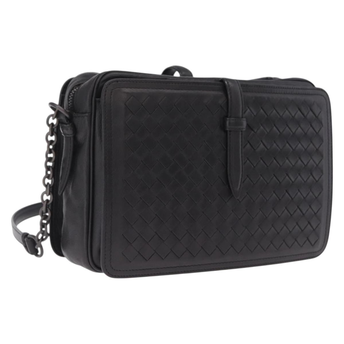 Bottega Veneta INTRECCIATO Chain Shoulder Bag Leather Black Auth ka6965V