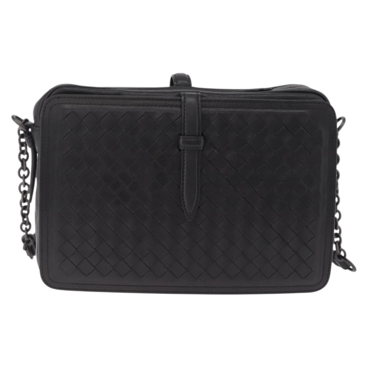 Bottega Veneta INTRECCIATO Chain Shoulder Bag Leather Black Auth ka6965V