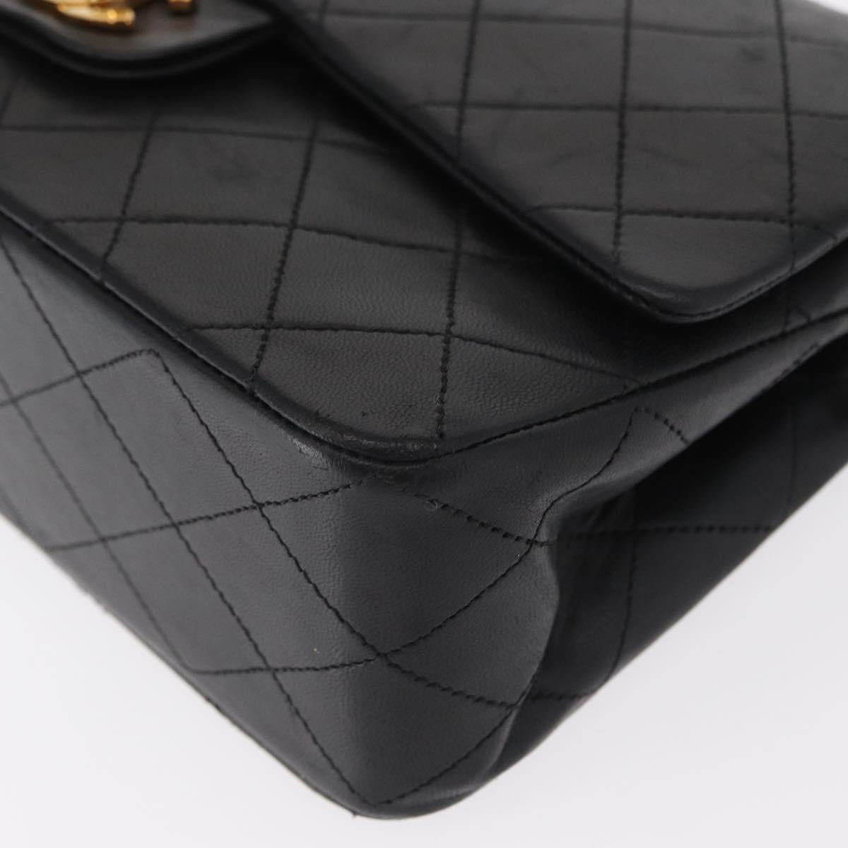 CHANEL Matelasse 25 Double Flap Chain Bag Lamb Skin Black Gold CC Auth ka696SV