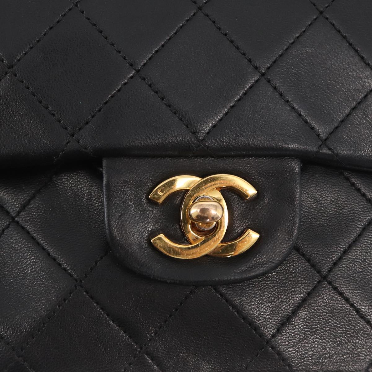 CHANEL Matelasse 25 Double Flap Chain Bag Lamb Skin Black Gold CC Auth ka696SV