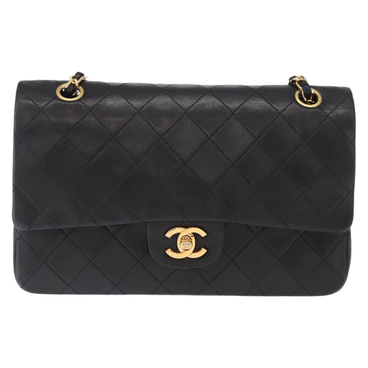 CHANEL Matelasse 25 Double Flap Chain Bag Lamb Skin Black Gold CC Auth ka696SV