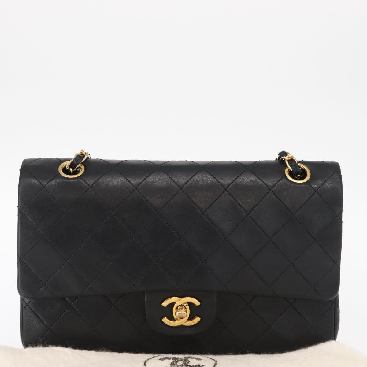 CHANEL Matelasse 25 Double Flap Chain Bag Lamb Skin Black Gold CC Auth ka696SV
