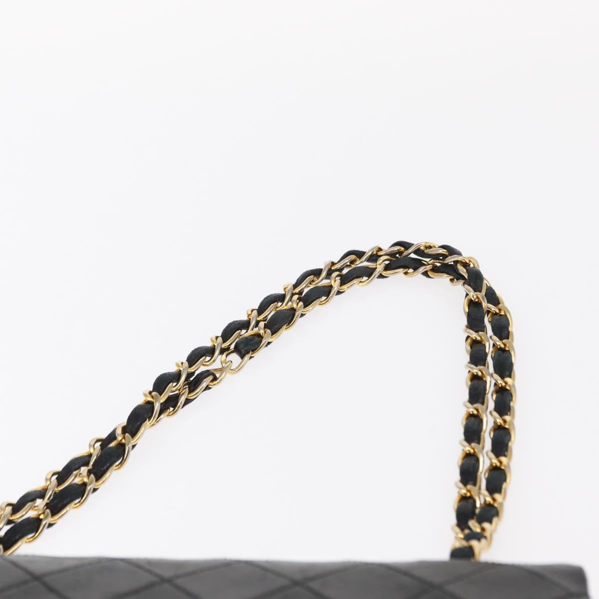 CHANEL Matelasse 25 Double Flap Chain Bag Lamb Skin Black Gold CC Auth ka696SV