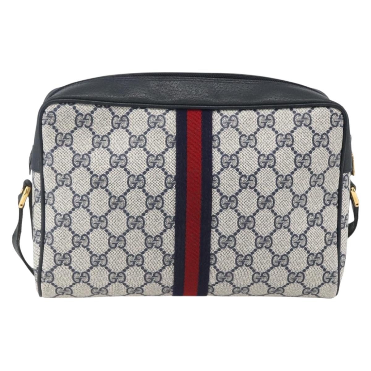 GUCCI GG Supreme Sherry Line Shoulder Bag PVC Navy Gold Auth ka697