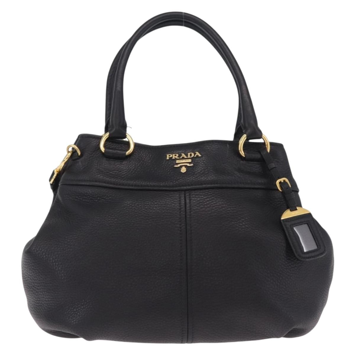 PRADA Hand Bag Vittero Dino Leather 2way Black Gold Auth ka6976A
