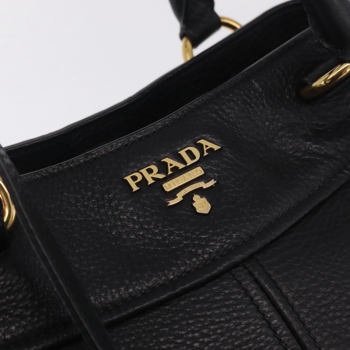 PRADA Hand Bag Vittero Dino Leather 2way Black Gold Auth ka6976A