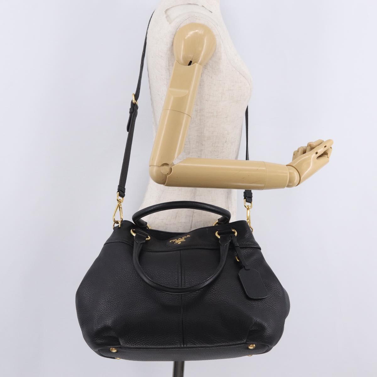 PRADA Hand Bag Vittero Dino Leather 2way Black Gold Auth ka6976A