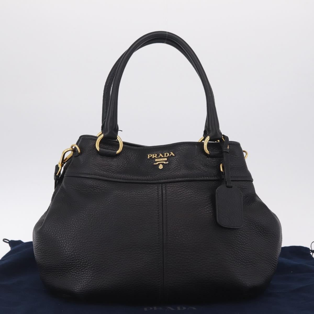 PRADA Hand Bag Vittero Dino Leather 2way Black Gold Auth ka6976A