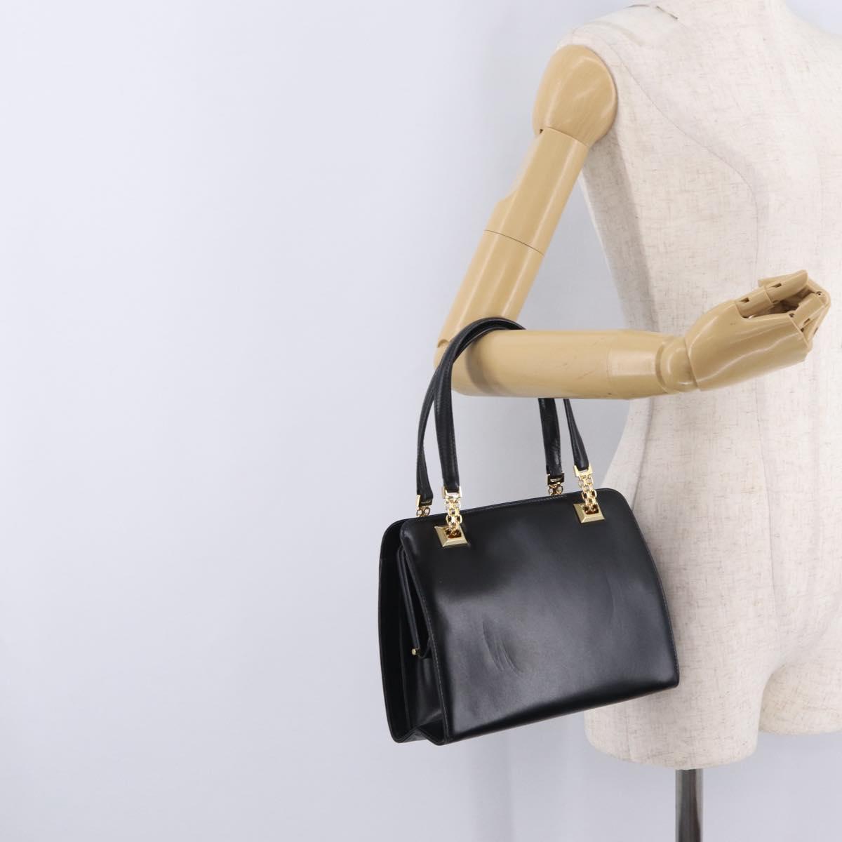 GUCCI Chain Hand Bag Leather Black Gold Auth ka6978