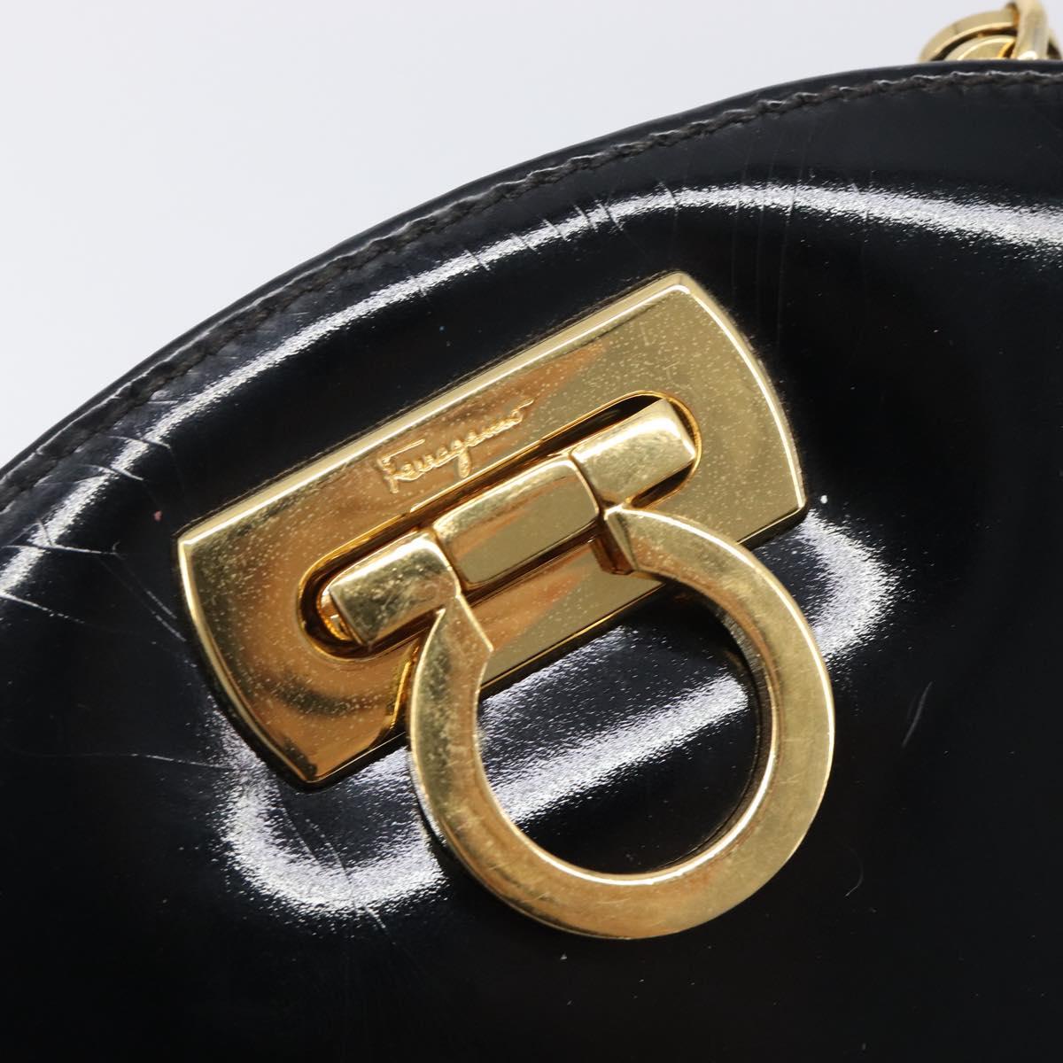 Salvatore Ferragamo Gancini Chain Bag Patent Leather Black Gold Auth ka6979