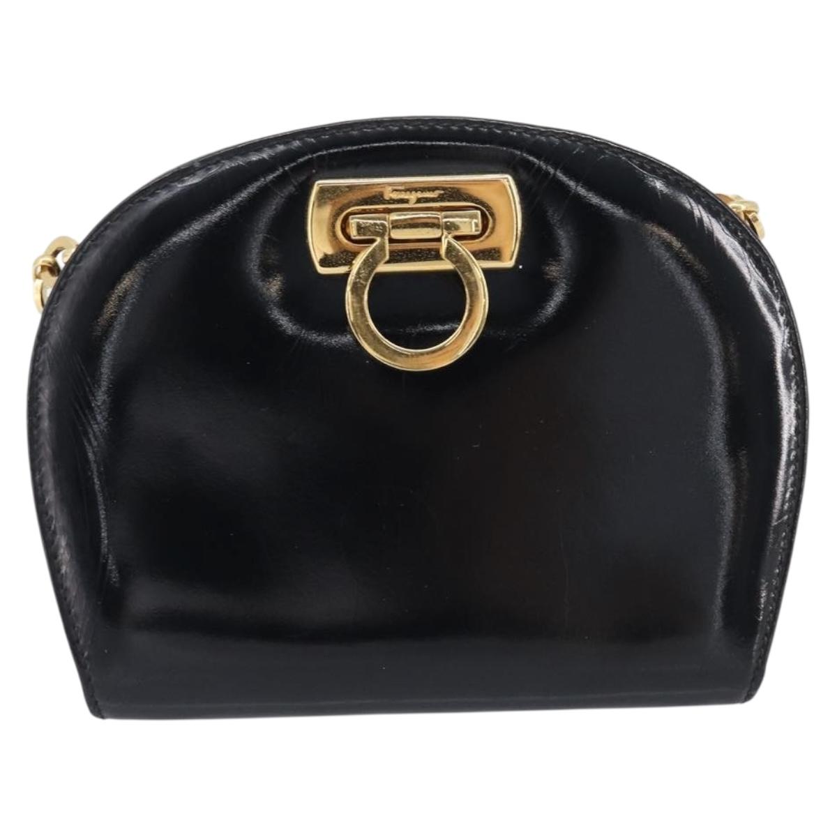 Salvatore Ferragamo Gancini Chain Bag Patent Leather Black Gold Auth ka6979