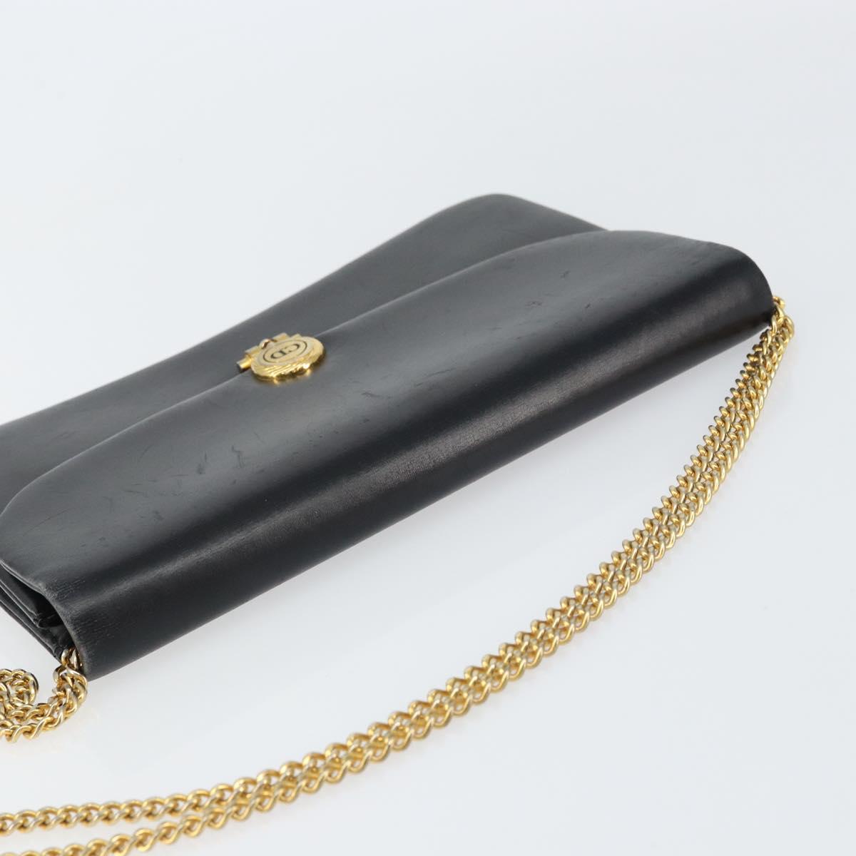 Christian Dior Chain Shoulder Bag Leather Black Gold Auth ka698