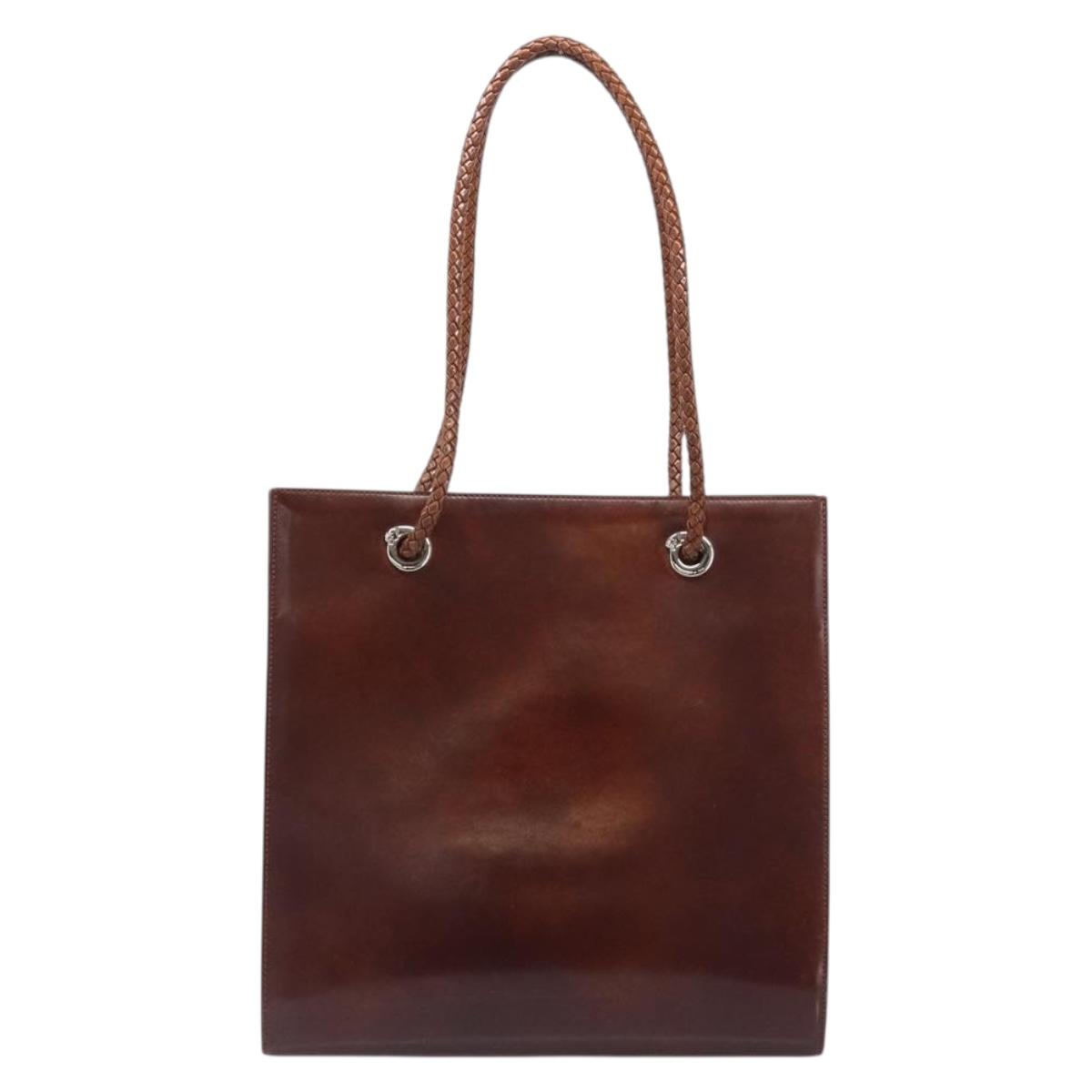 Cartier PANTHERE Tote Bag Patent Leather Brown Silver Auth ka6984A