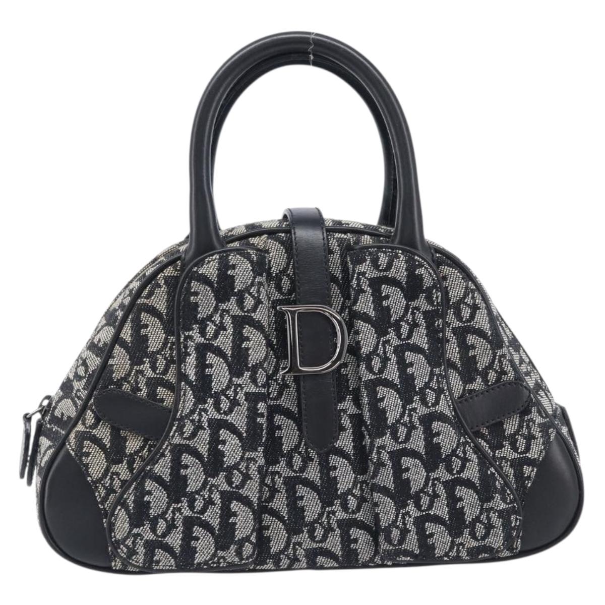 Christian Dior Trotter Canvas Double Saddle Hand Bag Black Silver Auth ka6987V