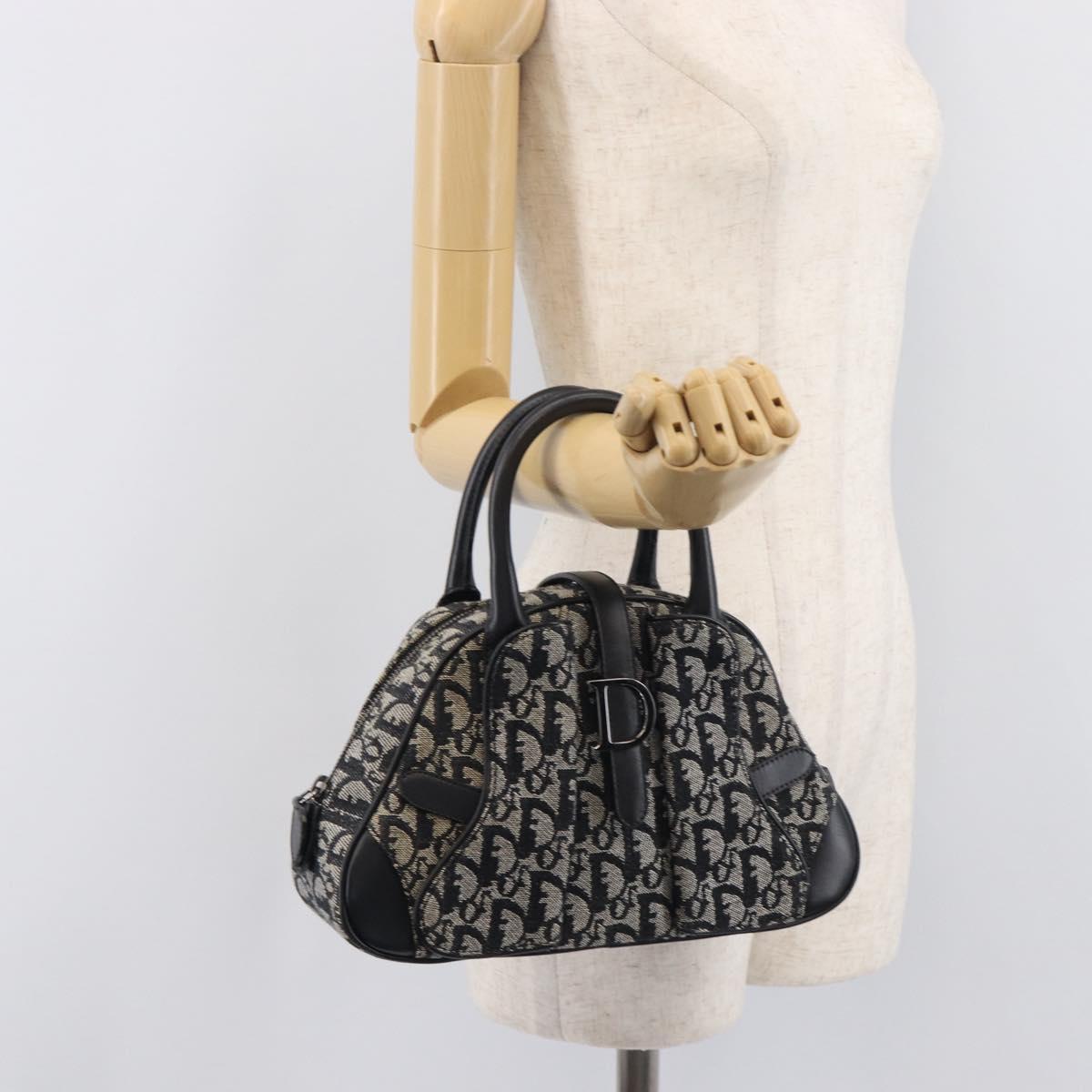 Christian Dior Trotter Canvas Double Saddle Hand Bag Black Silver Auth ka6987V