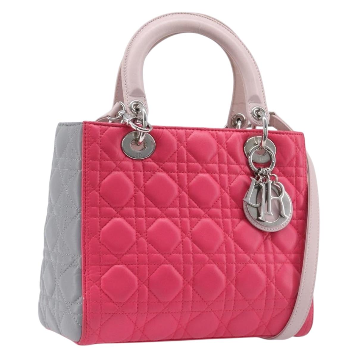 Christian Dior Lady Dior Hand Bag Lamb Skin 2way Pink Silver Auth ka6988SAM