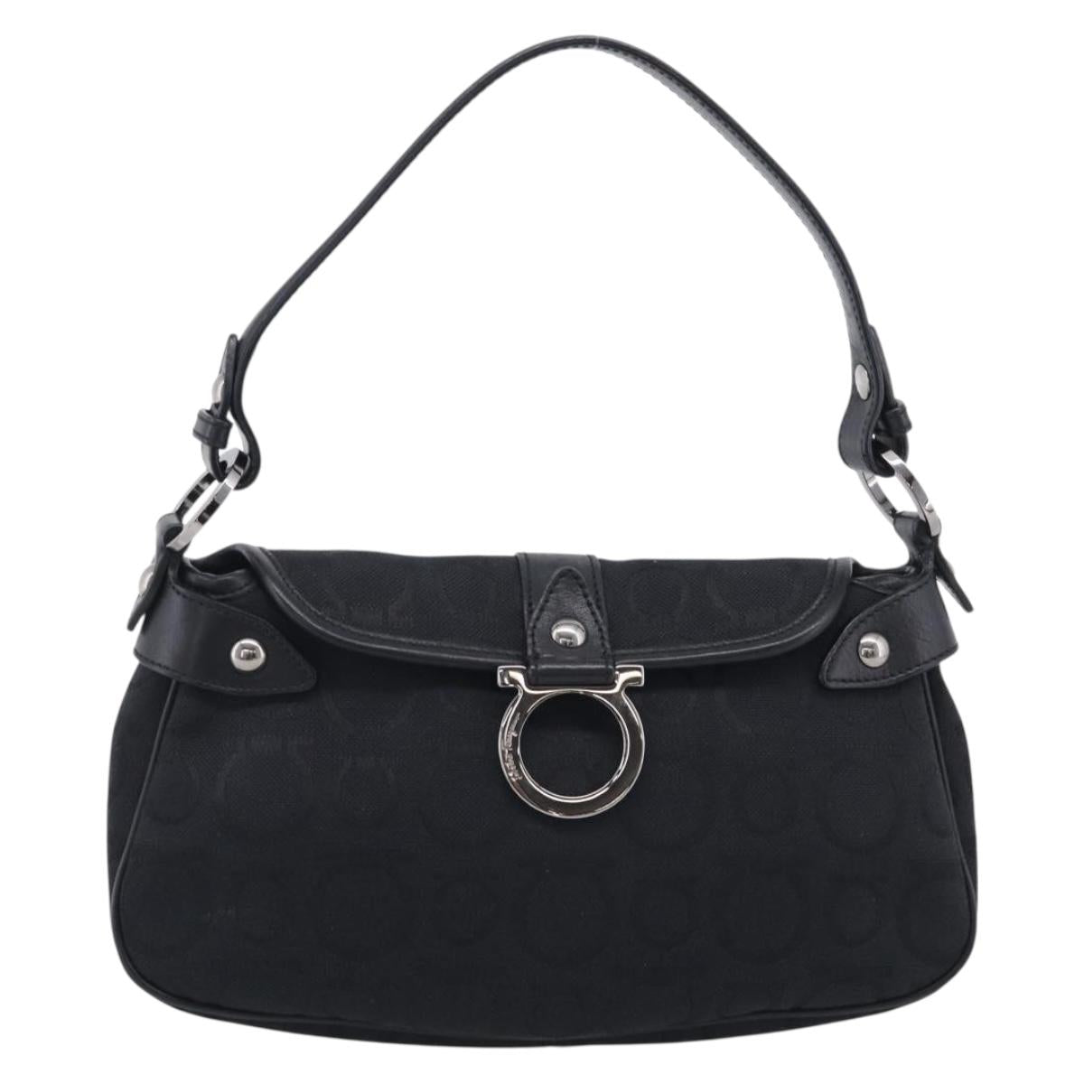 Salvatore Ferragamo Gancini Shoulder Bag Canvas Black Silver Auth ka6990A