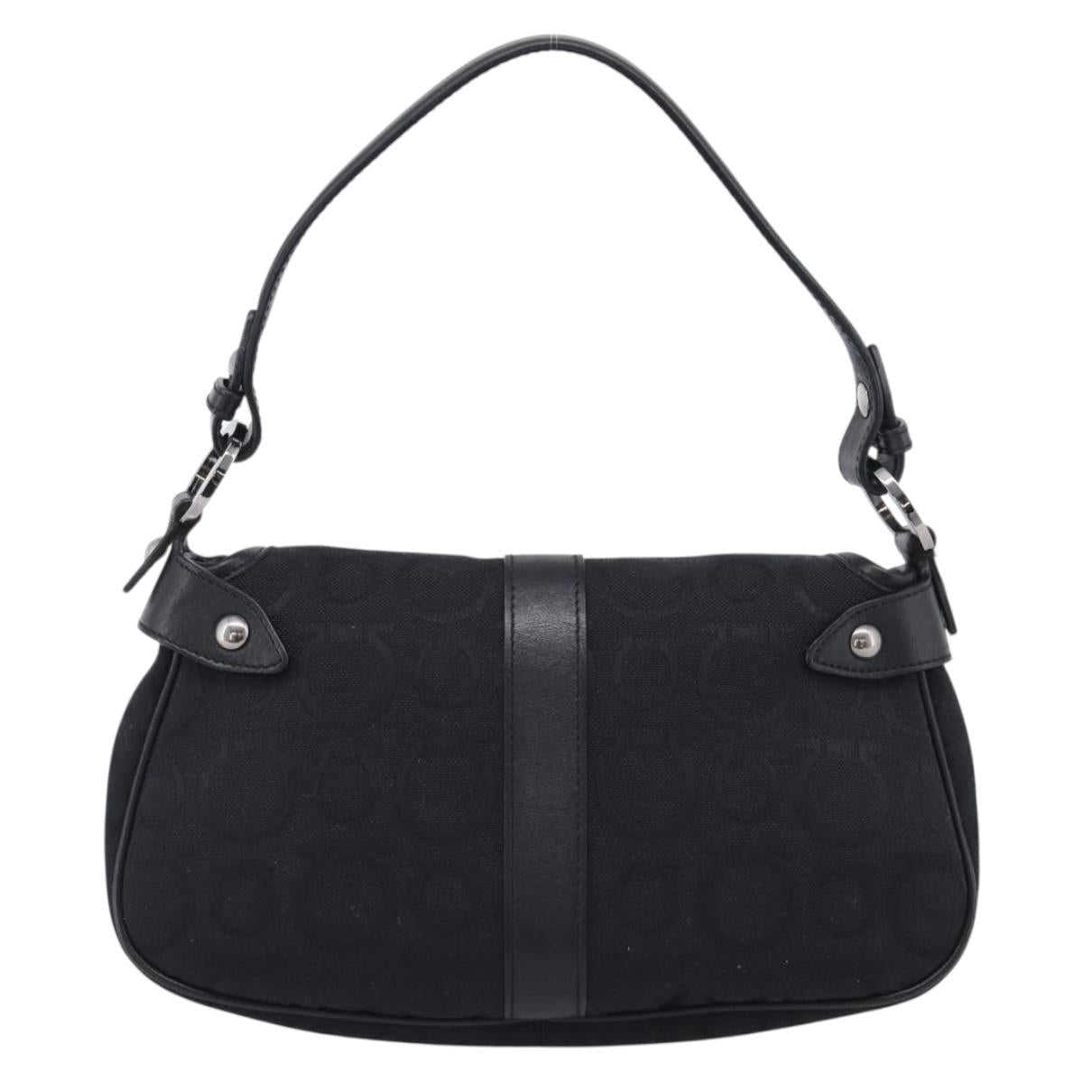 Salvatore Ferragamo Gancini Shoulder Bag Canvas Black Silver Auth ka6990A