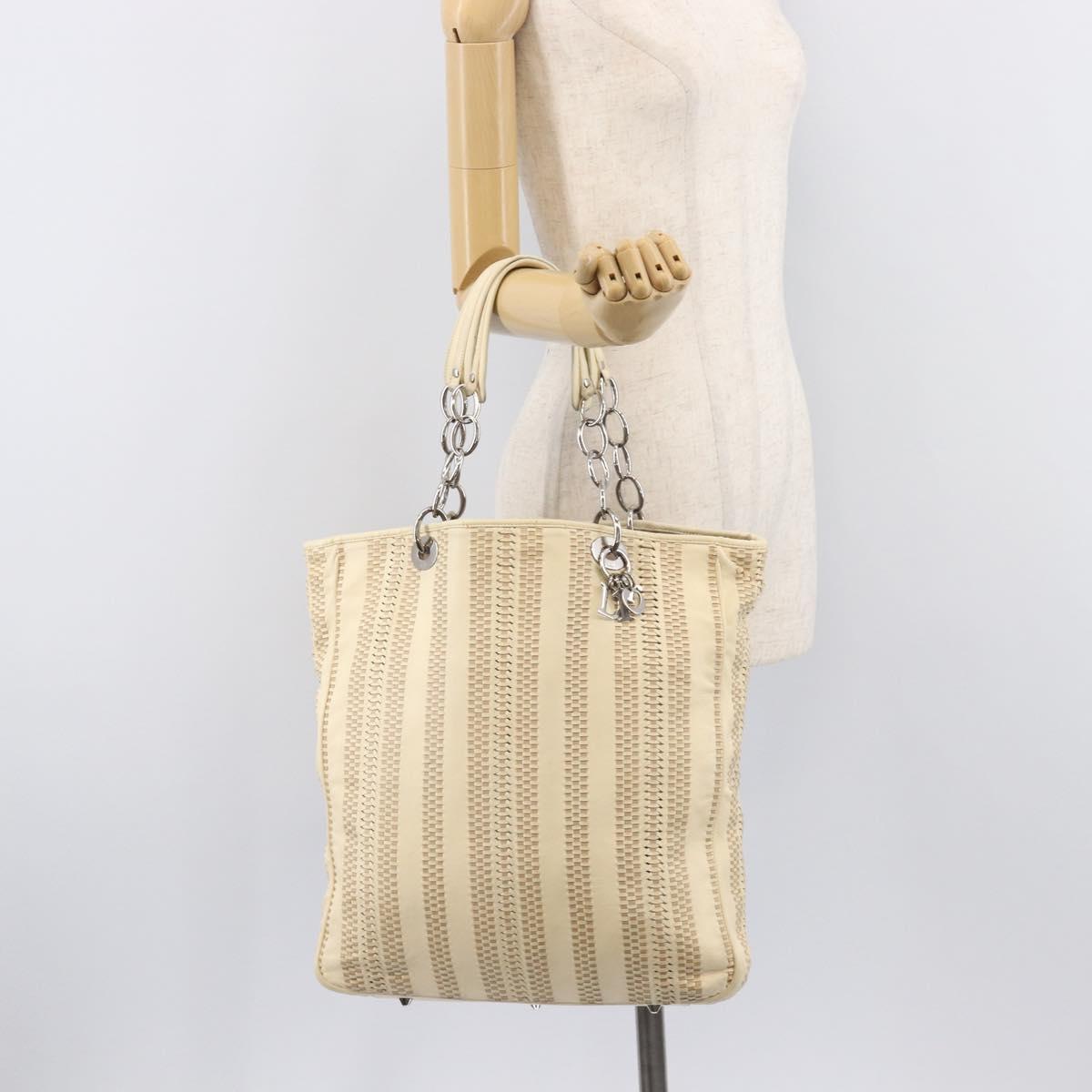 Christian Dior Chain Tote Bag Leather Beige Silver Auth ka7002A
