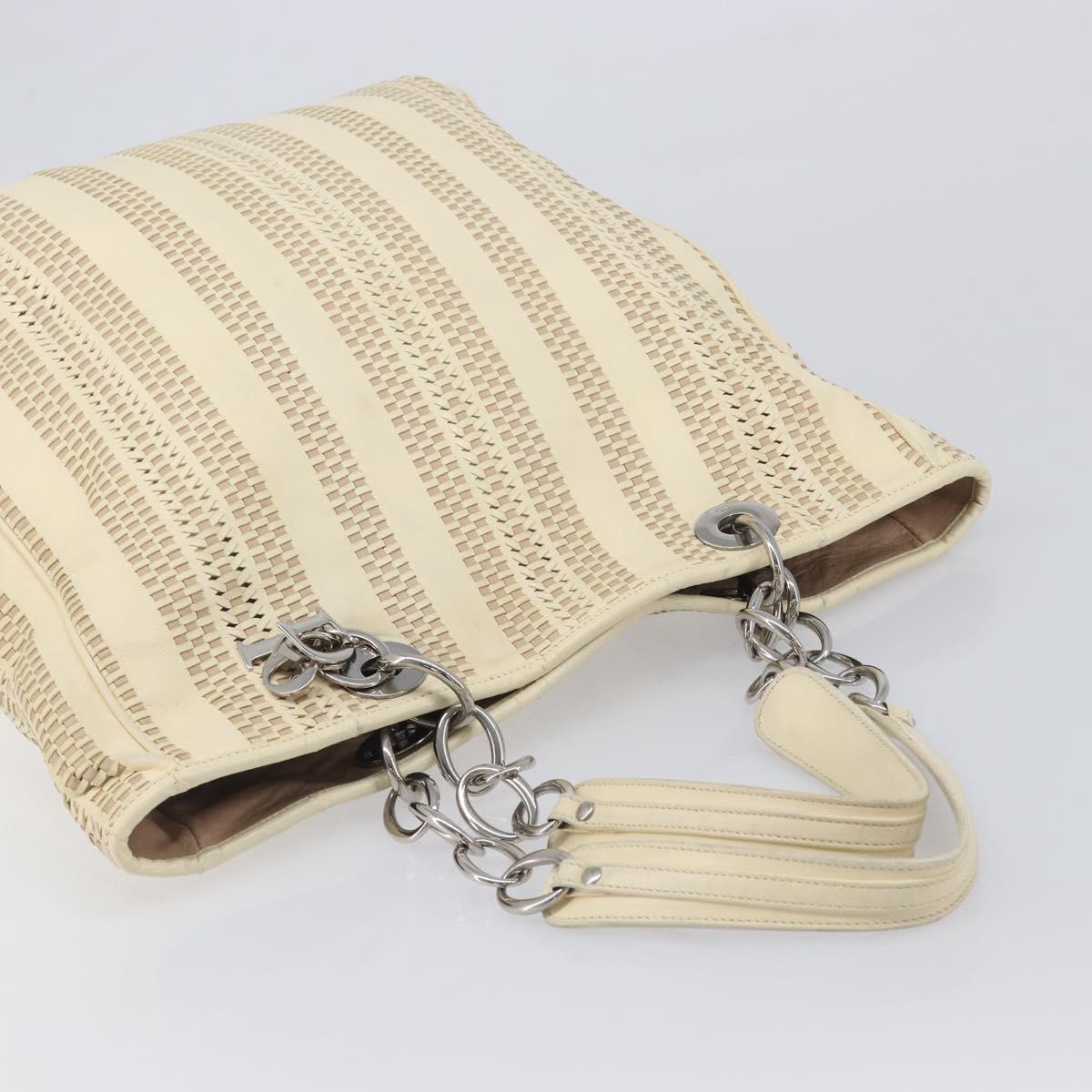 Christian Dior Chain Tote Bag Leather Beige Silver Auth ka7002A