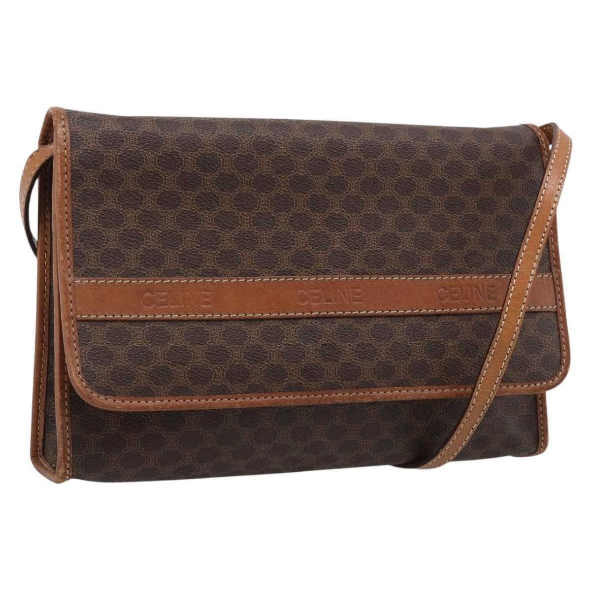 CELINE Macadam Canvas Shoulder Bag PVC Leather Brown Gold Auth ka7015