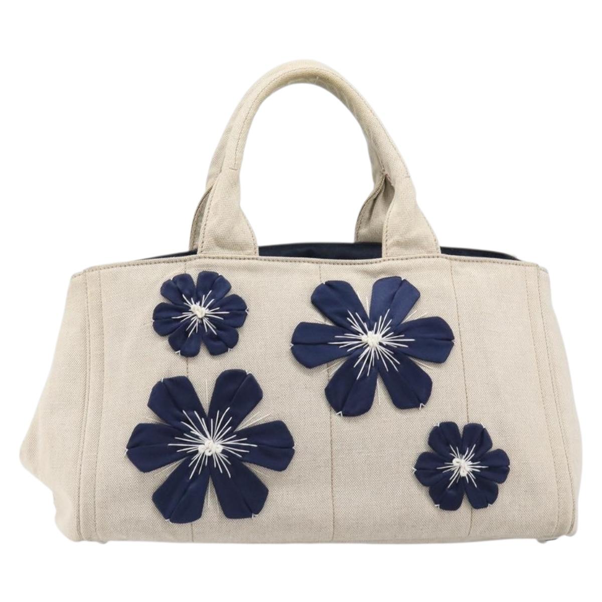 PRADA Canapa GM Hand Bag Canvas Beige Silver Auth ka7145A