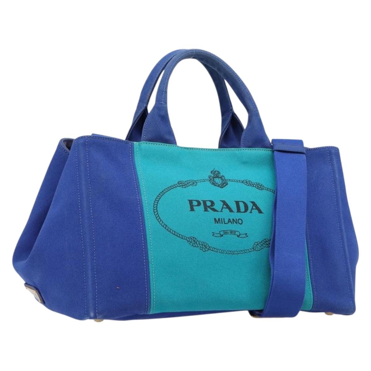 PRADA Canapa MM Hand Bag Canvas 2way Blue Gold Auth ka7146A