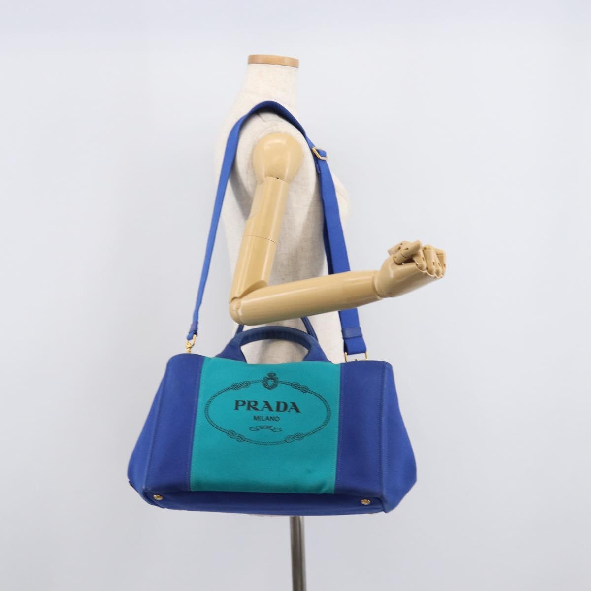 PRADA Canapa MM Hand Bag Canvas 2way Blue Gold Auth ka7146A