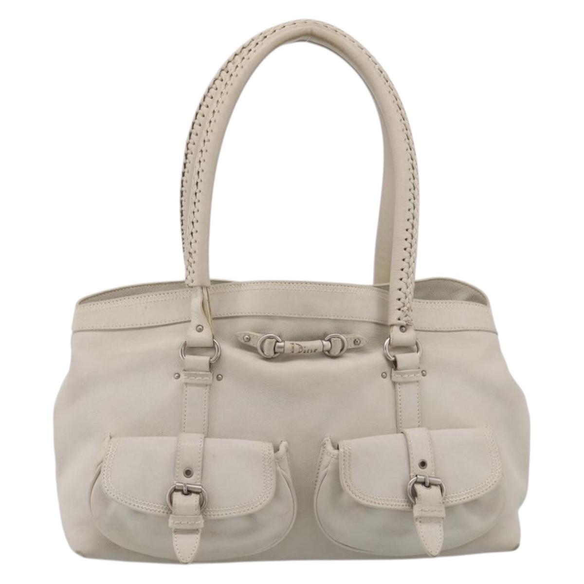 Christian Dior Hand Bag Leather White Silver Auth ka7183