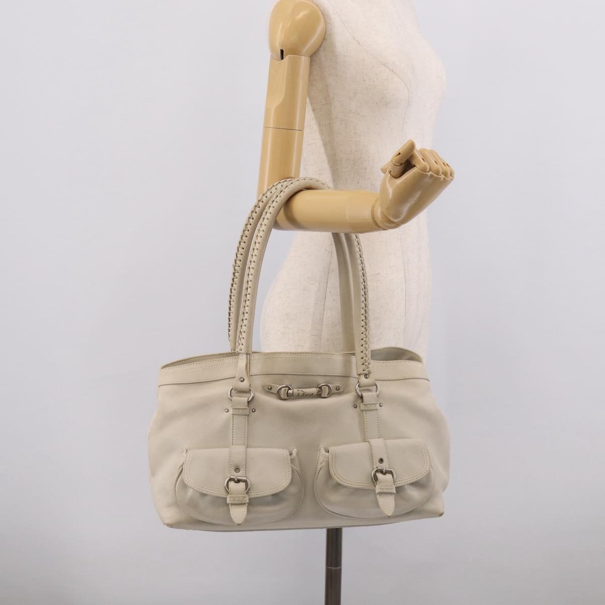 Christian Dior Hand Bag Leather White Silver Auth ka7183