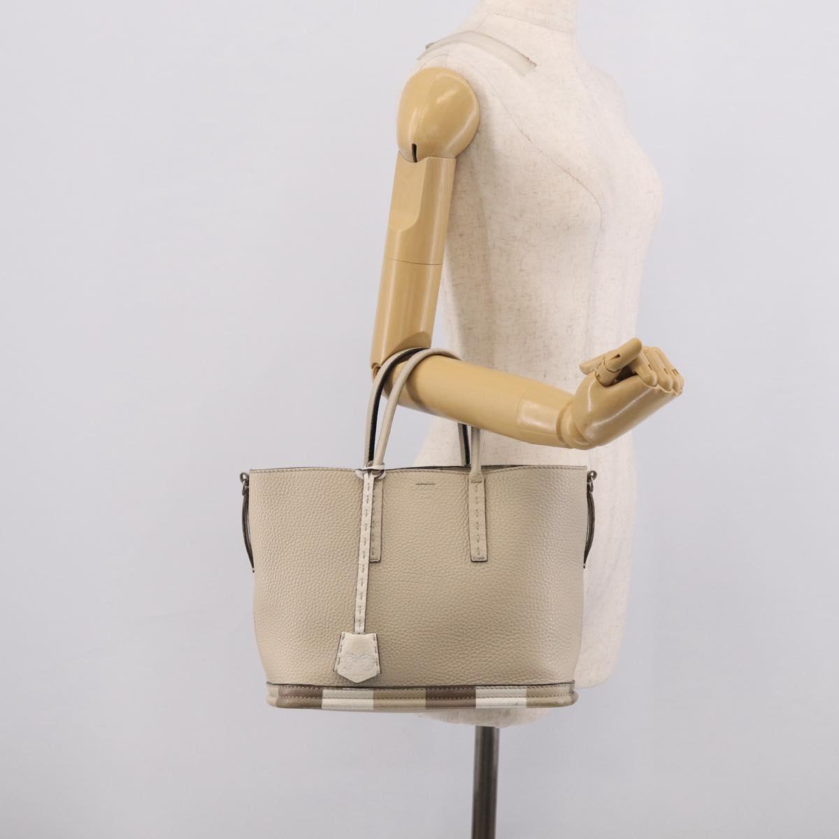 FENDI Celeria Hand Bag Leather Ivory Silver Auth ka7188