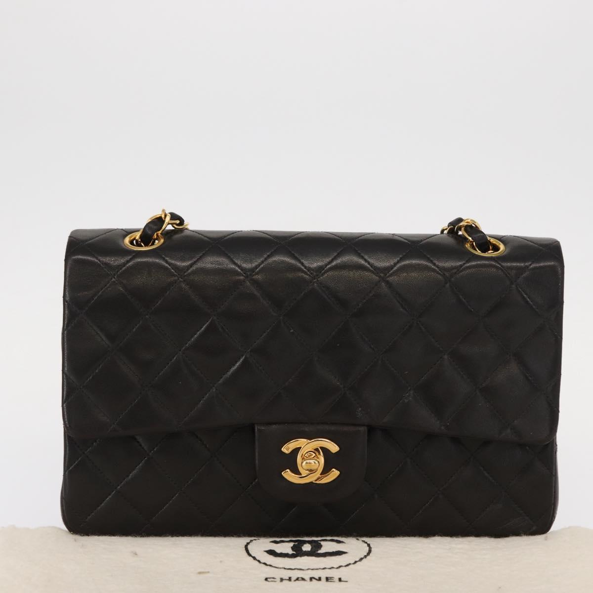 CHANEL Matelasse 25 Double Flap Chain Shoulder Bag Lamb Skin Gold CC Auth ka720SV