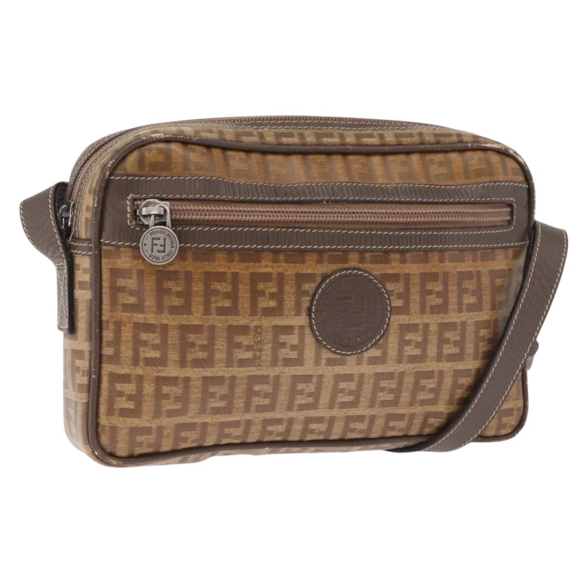 FENDI Zucchino Canvas Shoulder Bag Coated Canvas Brown Silver Auth ka7215