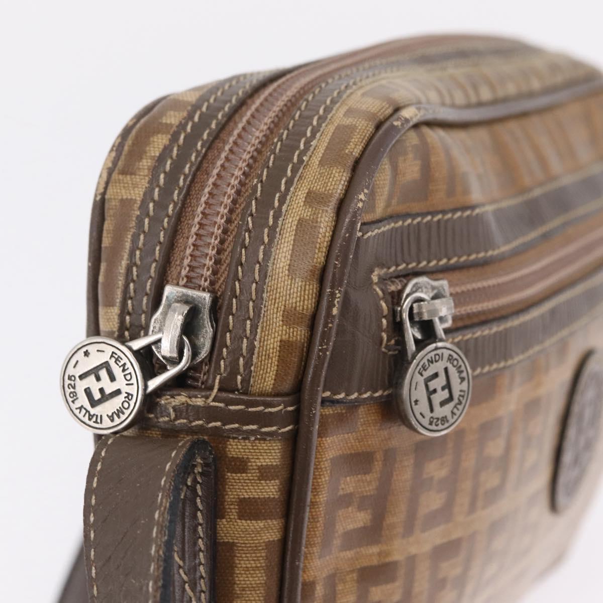 FENDI Zucchino Canvas Shoulder Bag Coated Canvas Brown Silver Auth ka7215