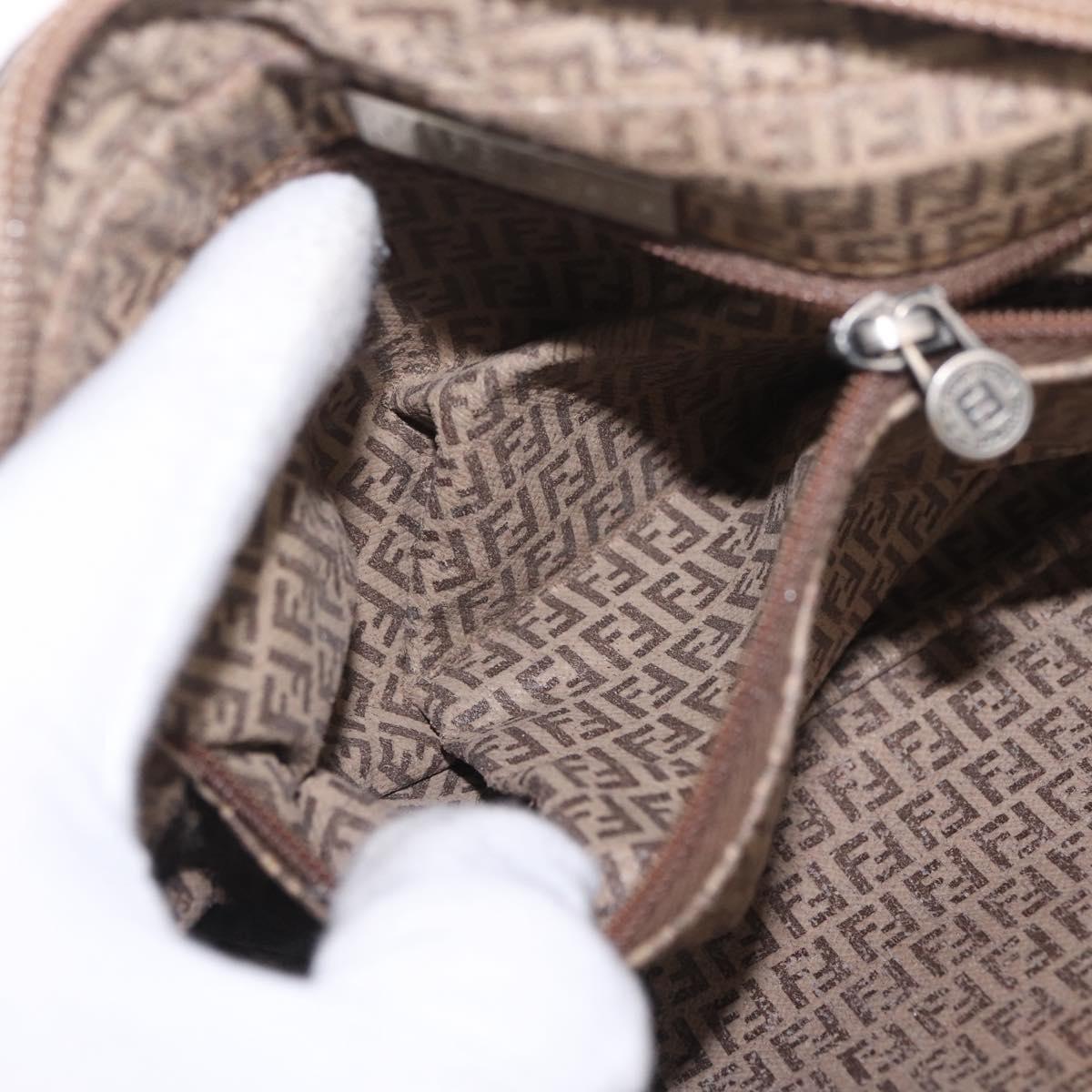 FENDI Zucchino Canvas Shoulder Bag Coated Canvas Brown Silver Auth ka7215