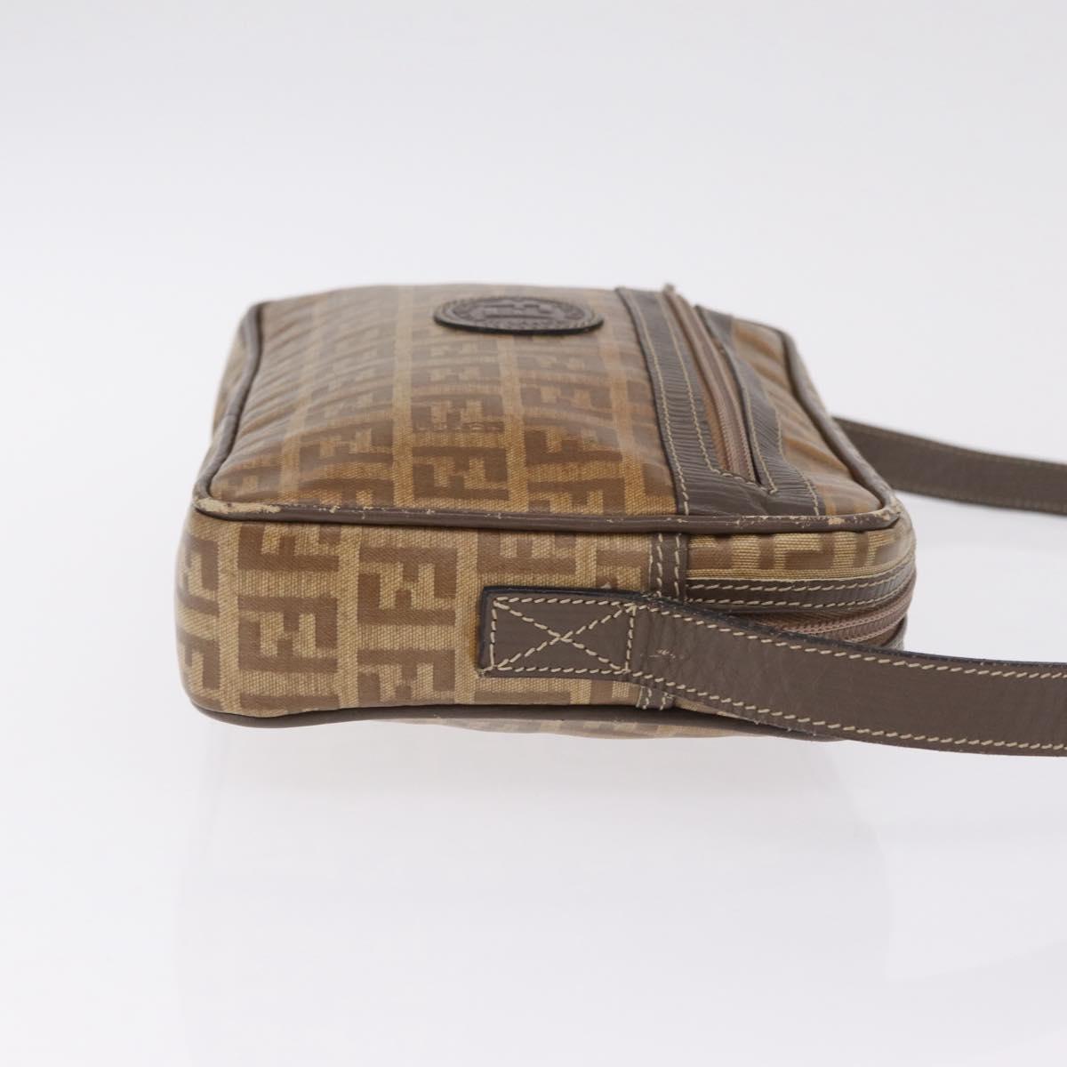 FENDI Zucchino Canvas Shoulder Bag Coated Canvas Brown Silver Auth ka7215