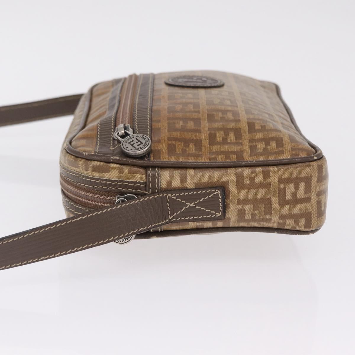 FENDI Zucchino Canvas Shoulder Bag Coated Canvas Brown Silver Auth ka7215