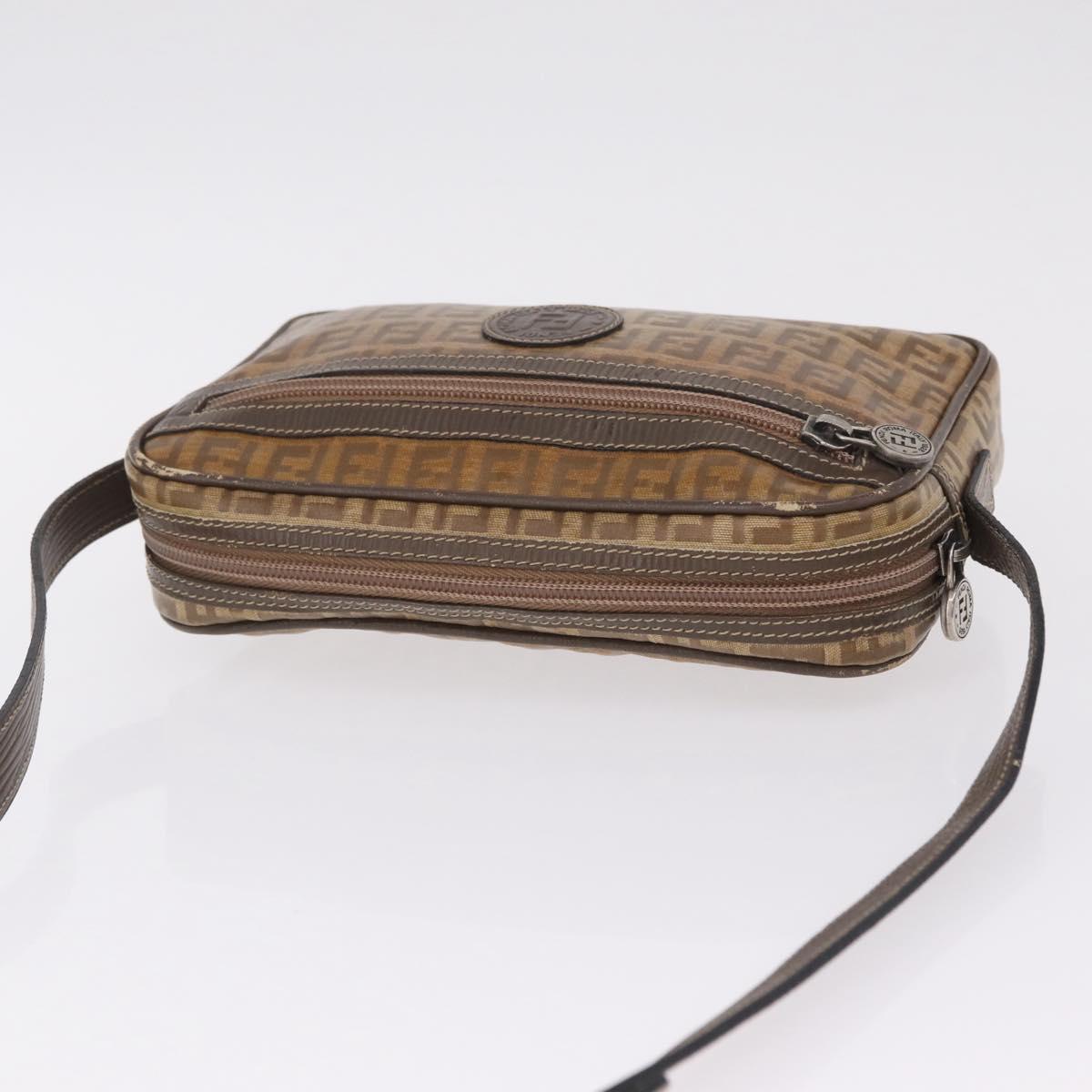 FENDI Zucchino Canvas Shoulder Bag Coated Canvas Brown Silver Auth ka7215