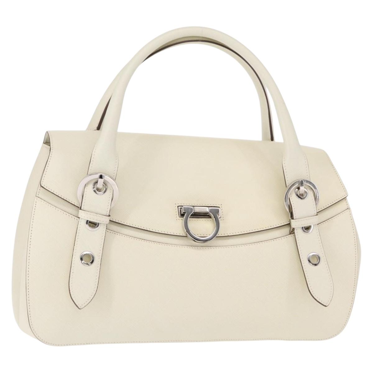 Salvatore Ferragamo Gancini Shoulder Bag Leather White Silver Auth ka722